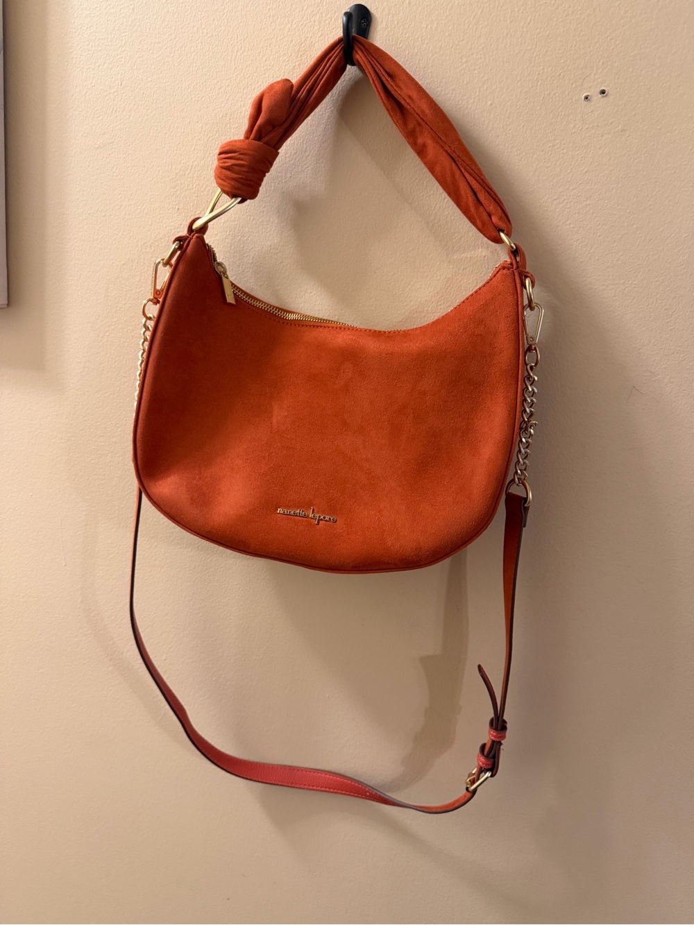 Nanette Lepore Rustic Orange Faux-Suede Hobo Bag with crossbody strap